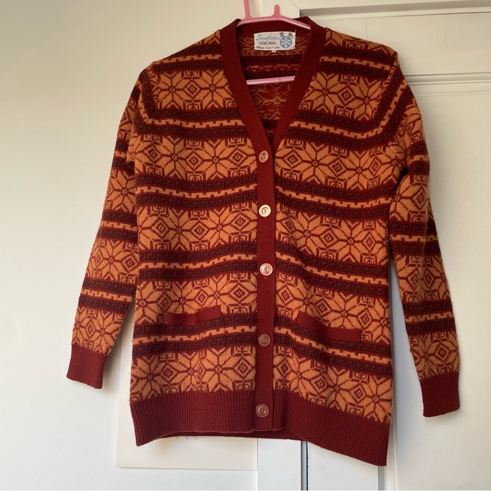 Vintage 100% wool oversized grandpa cardigan small floral pattern fair isle like